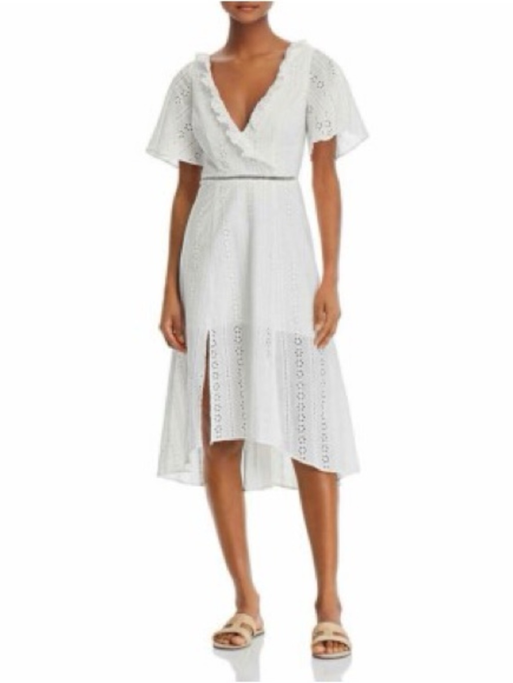 Finders Keepers White Eyelet High-Low Ruffle V-Neck Dress